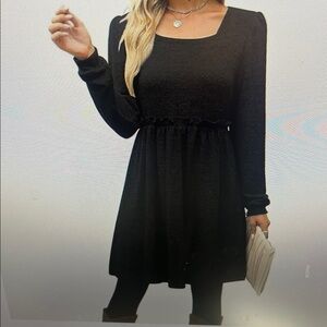 Womens Long Sleeve Square Neck Elastic Waist Dress